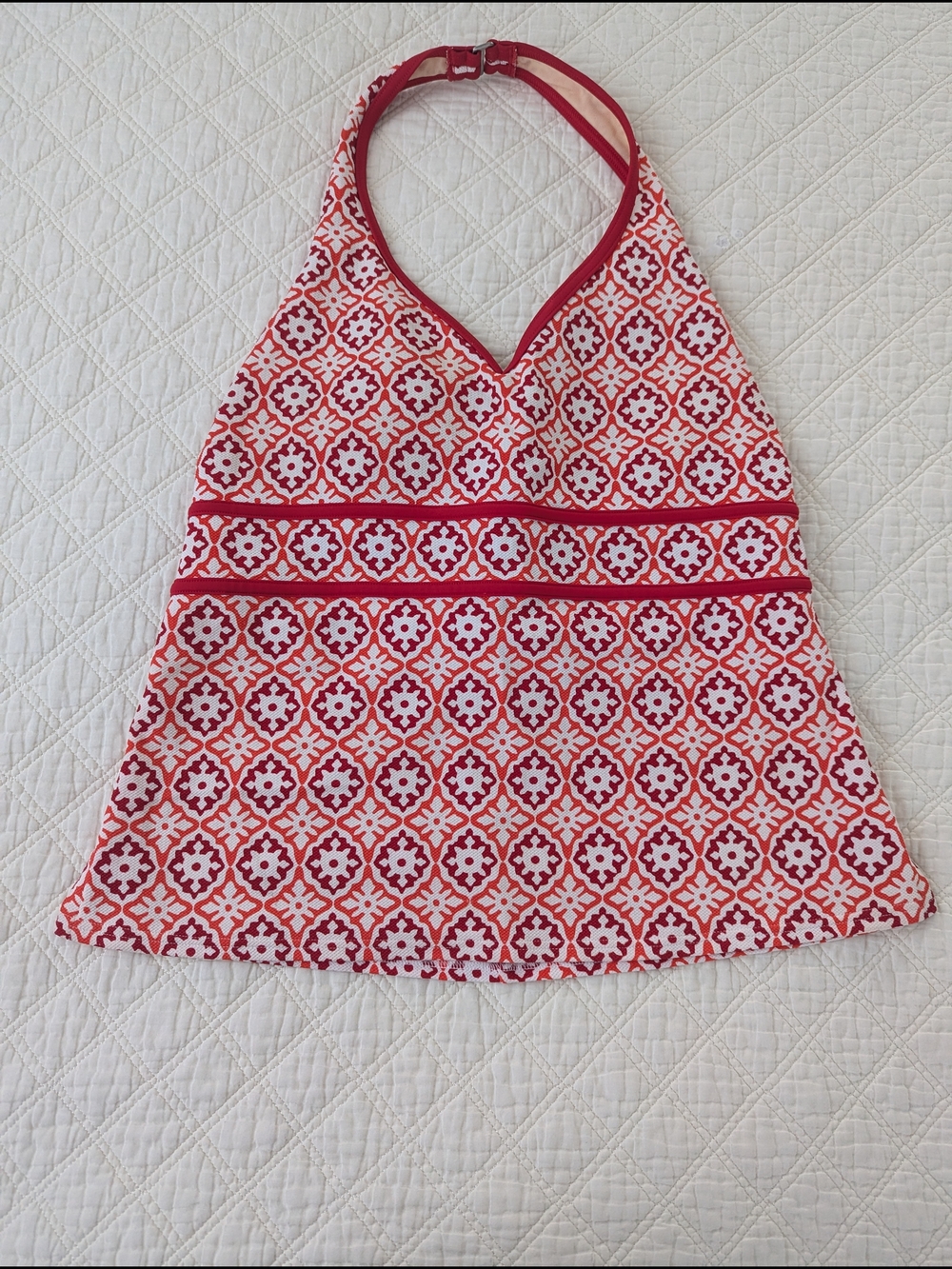 Lands' End Red & White Geometric Patterned Halter Top/Tankini Top - Built-in Bra
